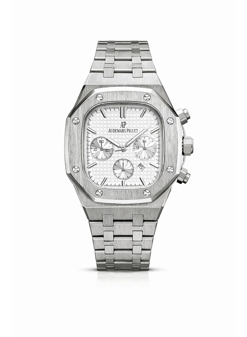 ساعة يد رجالي أوديمار بيغيه كرونوغراف بحركة كوارتز مع قرص فضي وسوار ستانلس ستيل